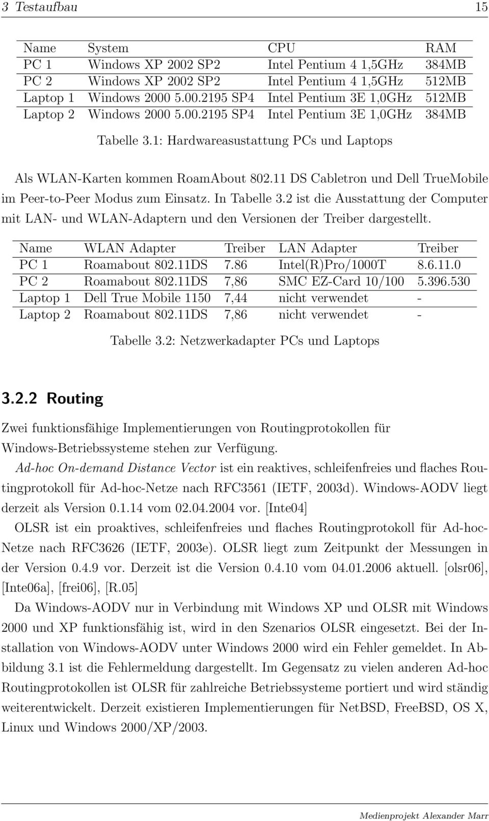 In Tabelle 3.2 ist die Ausstattung der Computer mit LAN- und WLAN-Adaptern und den Versionen der Treiber dargestellt. Name WLAN Adapter Treiber LAN Adapter Treiber PC 1 Roamabout 802.11DS 7.