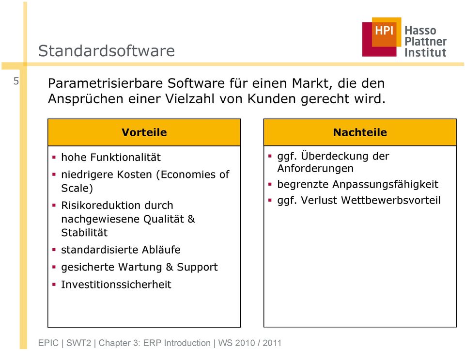 Vorteile hohe Funktionalität niedrigere Kosten (Economies of Scale) Risikoreduktion durch nachgewiesene