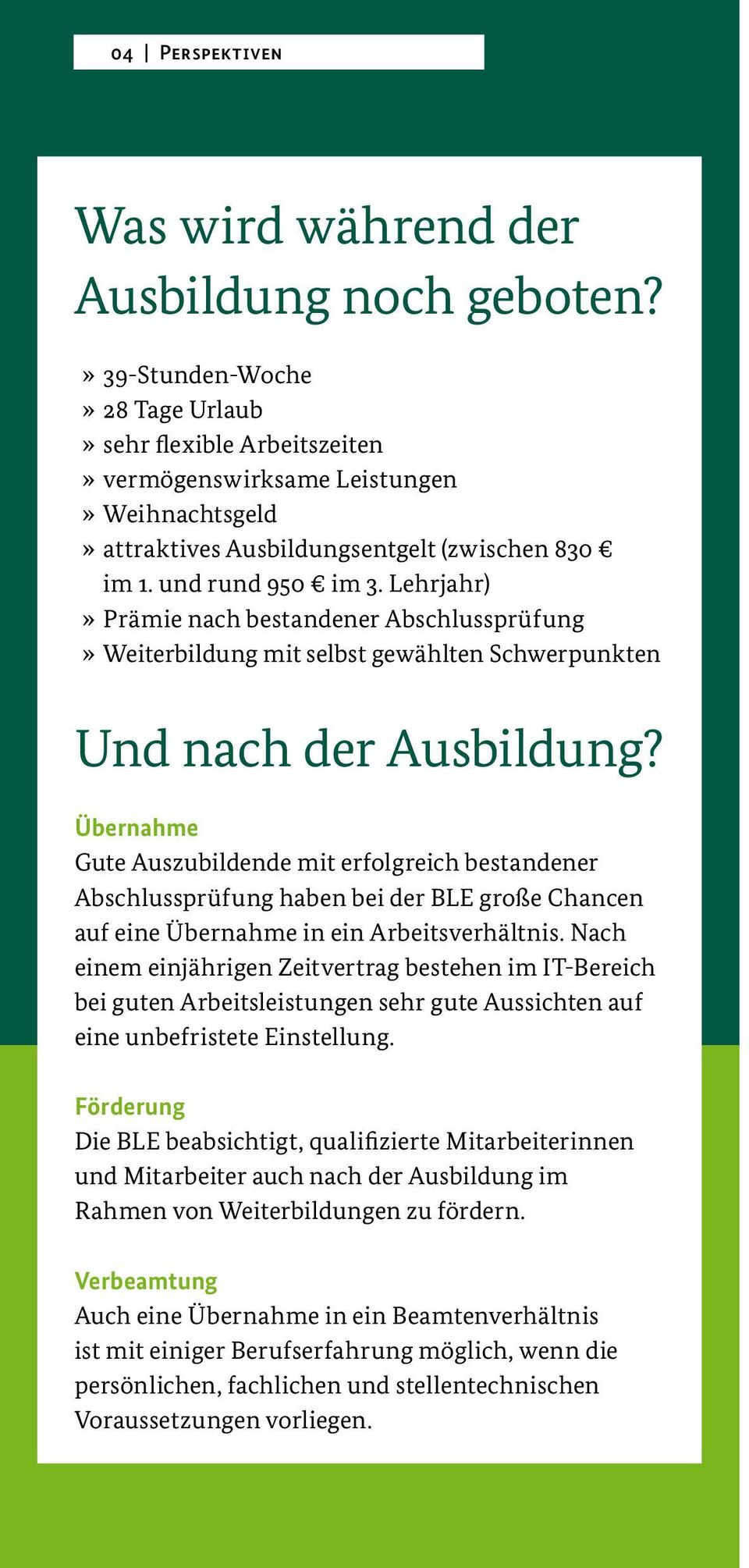 Lehrjahr) Prämie nach bestandener Abschlussprüfung Weiterbildung mit selbst gewählten Schwerpunkten Und nach der Ausbildung?