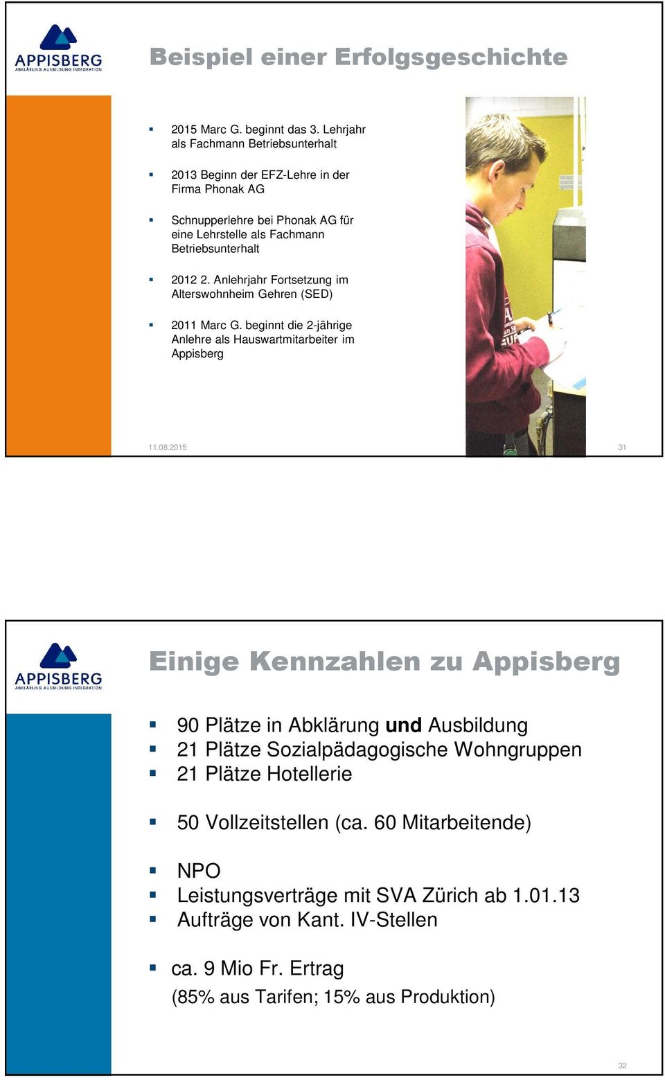 2. Anlehrjahr Fortsetzung im Alterswohnheim Gehren (SED) 2011 Marc G. beginnt die 2-jährige Anlehre als Hauswartmitarbeiter im Appisberg 11.08.