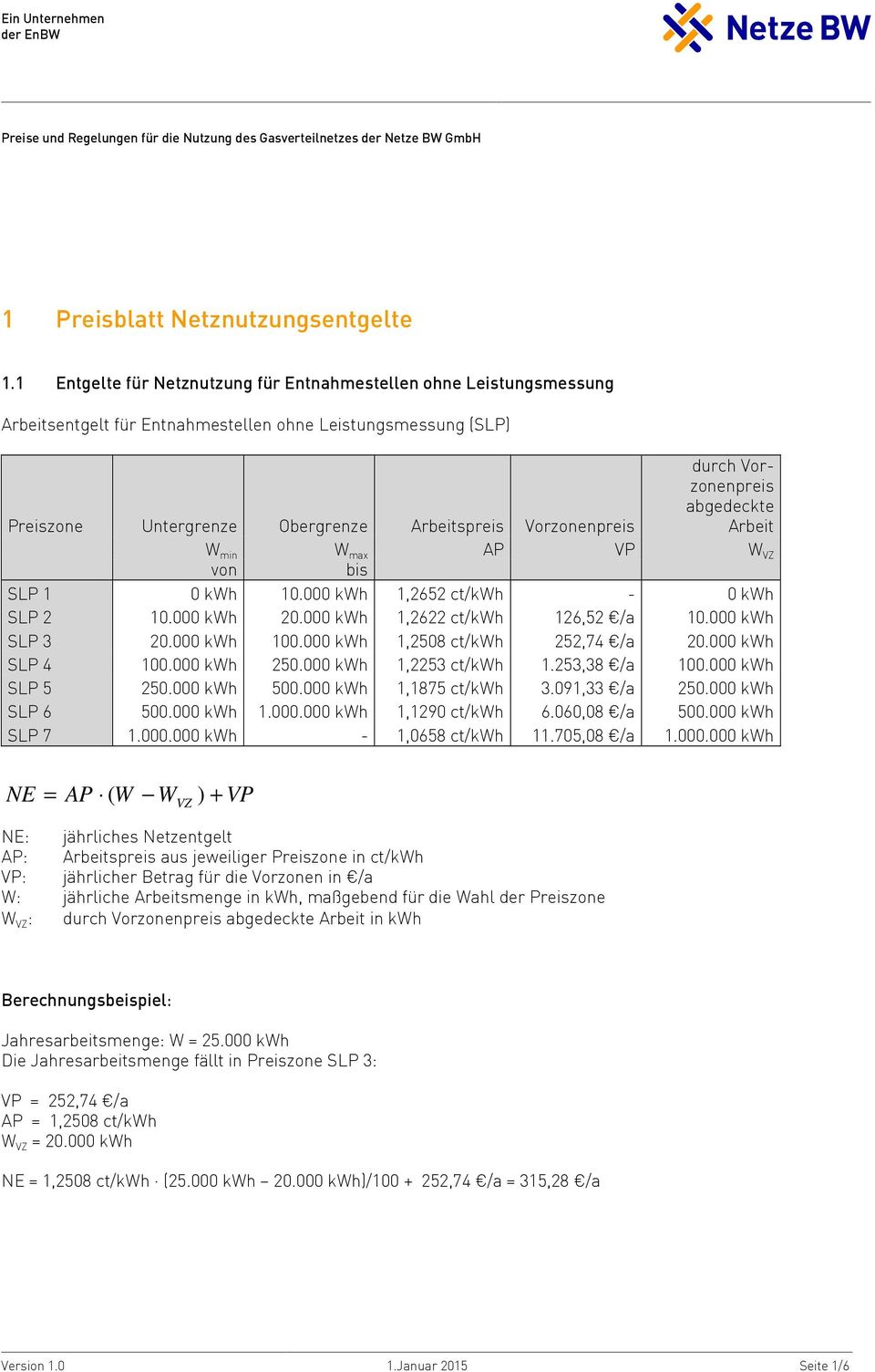 Vorzonenpreis abgedeckte Arbeit W min W max AP VP W VZ von bis SLP 1 0 kwh 10.000 kwh 1,2652 ct/kwh - 0 kwh SLP 2 10.000 kwh 20.000 kwh 1,2622 ct/kwh 126,52 /a 10.000 kwh SLP 3 20.000 kwh 100.