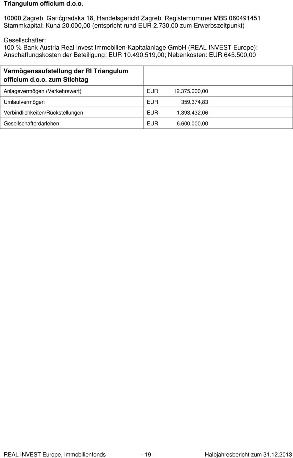 490.519,00; Nebenkosten: EUR 645.500,00 Vermögensaufstellung der RI Triangulum officium d.o.o. zum Stichtag Anlagevermögen (Verkehrswert) EUR 12.375.