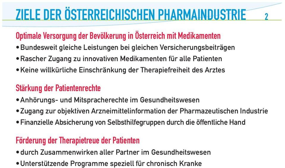 Patientenrechte Anhörungs- und Mitspracherechte im Gesundheitswesen Zugang zur objektiven Arzneimittelinformation der Pharmazeutischen Industrie Finanzielle Absicherung