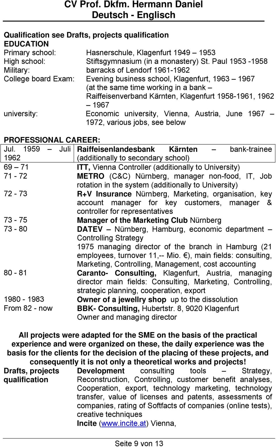 1958-1961, 1962 1967 university: Economic university, Vienna, Austria, June 1967 1972, various jobs, see below PROFESSIONAL CAREER: Jul.
