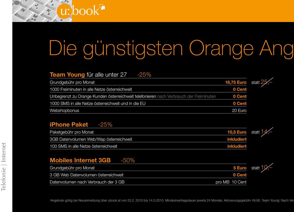 Datenvolumen Web/Wap österreichweit inkludiert 100 SMS in alle Netze österreichweit inkludiert Mobiles Internet 3GB -50% Grundgebühr pro Monat 5 Euro 3 GB Web Datenvolumen österreichweit 0 Cent