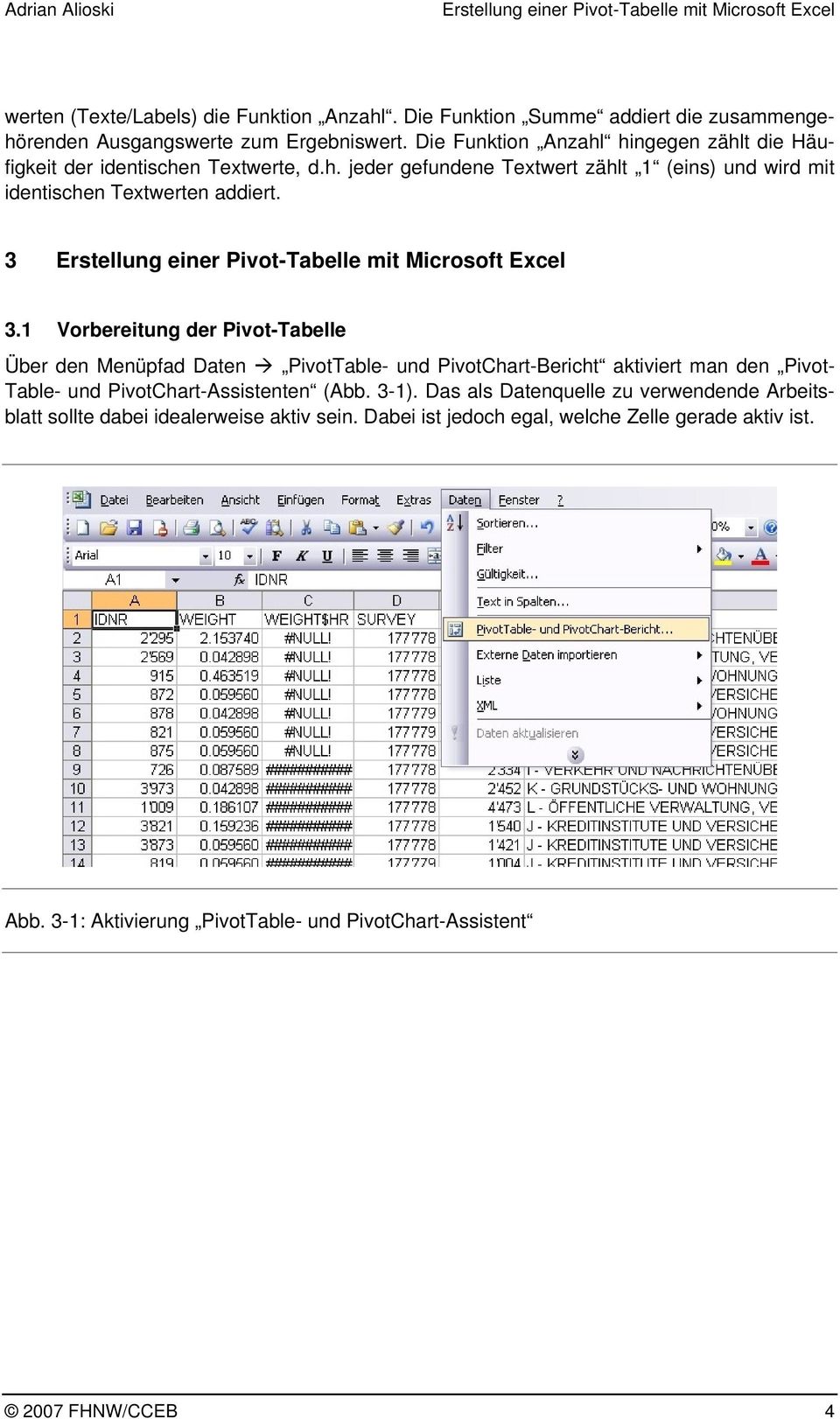 3 3.1 Vorbereitung der Pivot-Tabelle Über den Menüpfad Daten PivotTable- und PivotChart-Bericht aktiviert man den Pivot- Table- und PivotChart-Assistenten (Abb. 3-1).