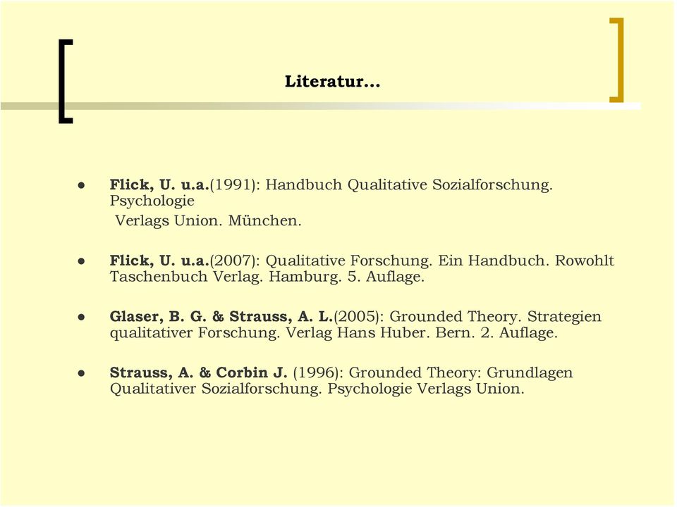 (2005): Grounded Theory. Strategien qualitativer Forschung. Verlag Hans Huber. Bern. 2. Auflage. Strauss, A.