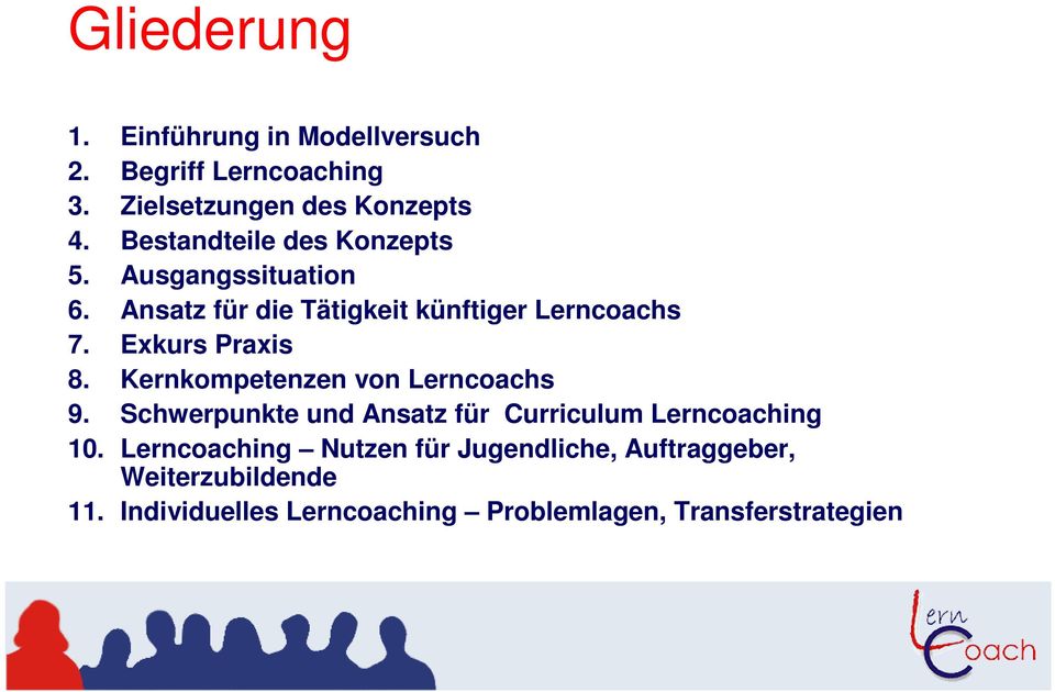 Exkurs Praxis 8. Kernkompetenzen von Lerncoachs 9. Schwerpunkte und Ansatz für Curriculum Lerncoaching 10.