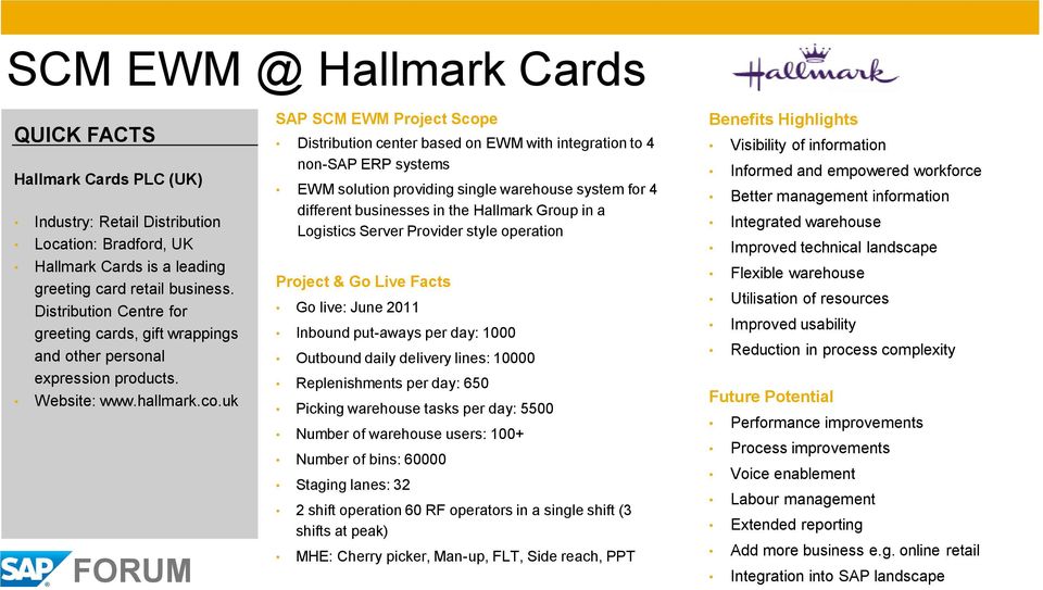 uk SAP SCM EWM Project Scope Distribution center based on EWM with integration to 4 non-sap ERP systems EWM solution providing single warehouse system for 4 different businesses in the Hallmark Group