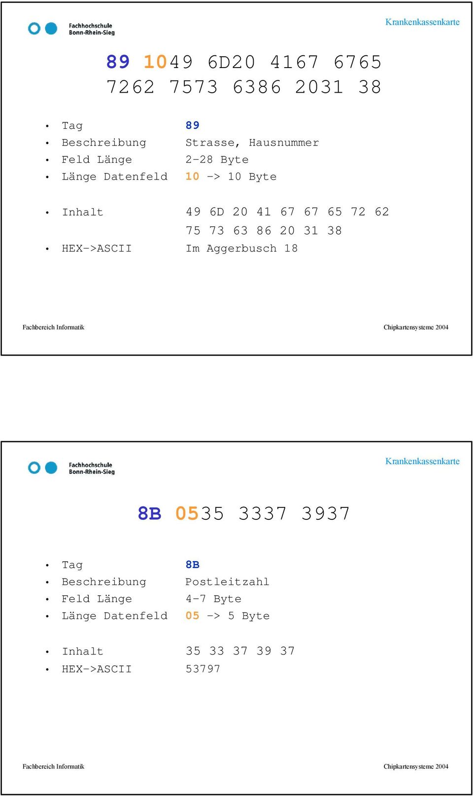 73 63 86 20 31 38 HEX->ASCII Im Aggerbusch 18 8B 0535 3337 3937 Tag 8B Beschreibung