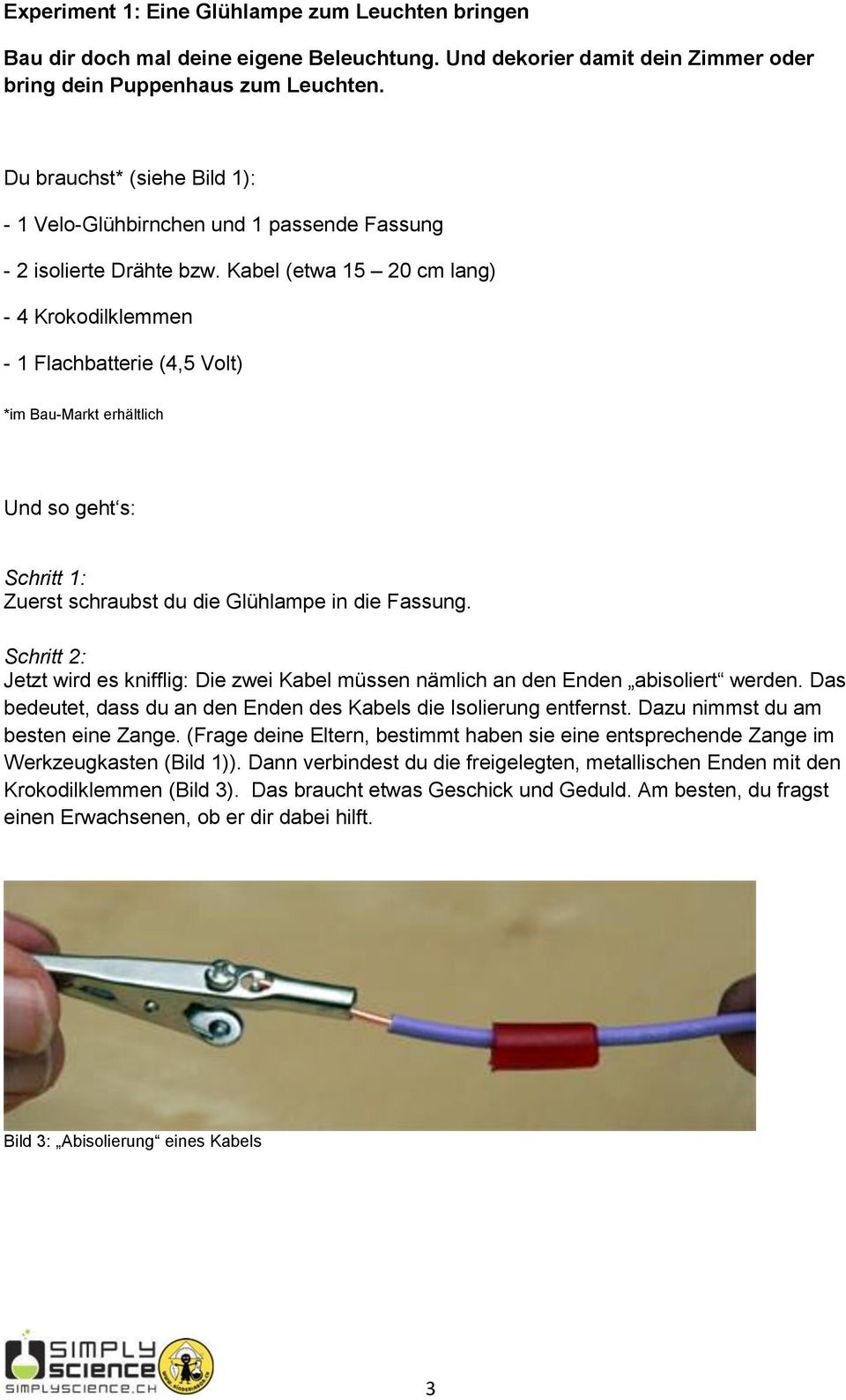 Kabel (etwa 15 20 cm lang) - 4 Krokodilklemmen - 1 Flachbatterie (4,5 Volt) *im Bau-Markt erhältlich Und so geht s: Schritt 1: Zuerst schraubst du die Glühlampe in die Fassung.