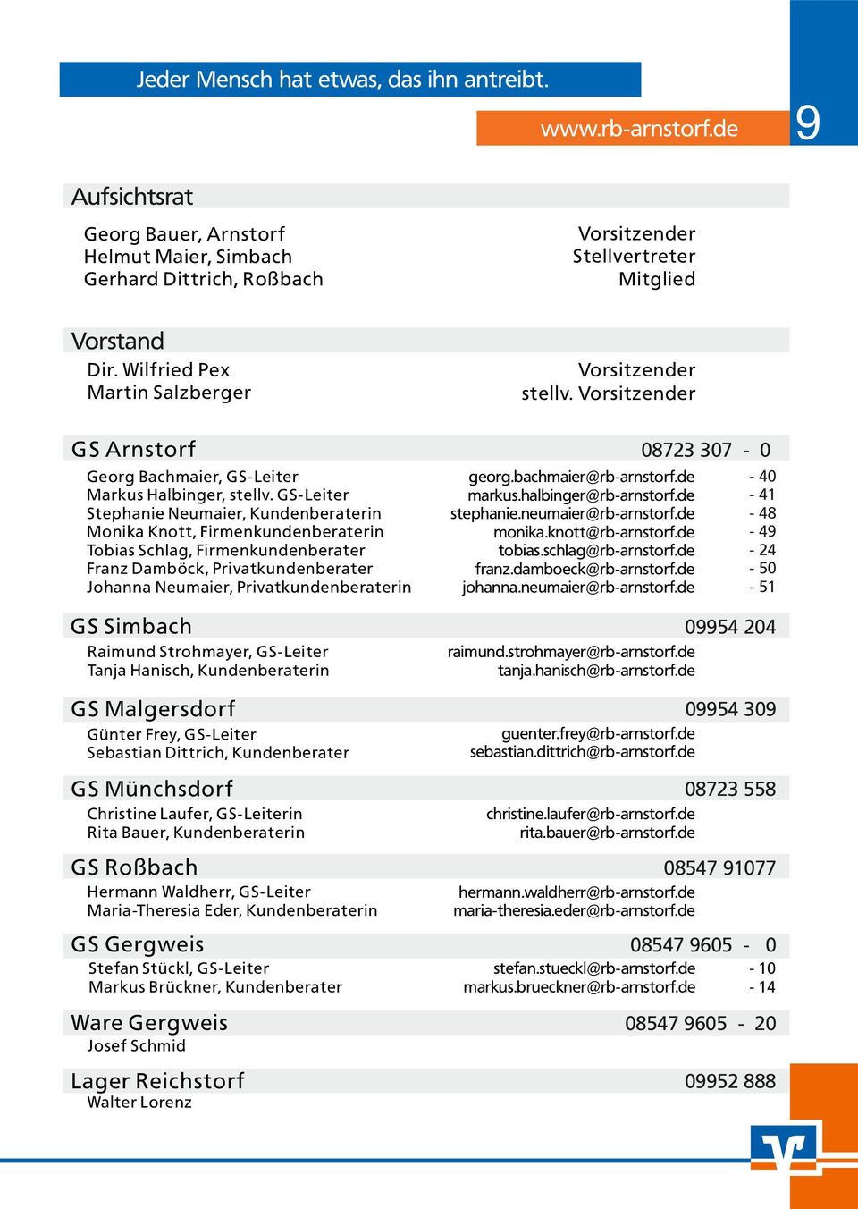 G S-Leiter Stephanie Neumaier, Kundenberaterin Monika Knott, Firmenkundenberaterin Tobias Schlag, Firmenkundenberater Franz Damböck, Privatkundenberater Johanna Neumaier, Privatkundenberaterin G S