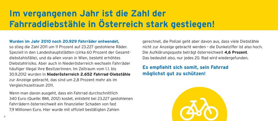 Aber auch in Niederösterreich wechseln Fahrräder häufiger illegal ihre BesitzerInnen. Im Zeitraum vom 1.1. bis 30.9.2012 wurden in Niederösterreich 2.