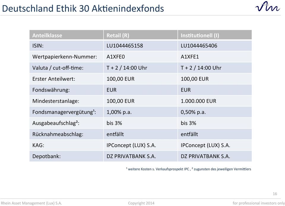 EUR 1.000.000 EUR Fondsmanagervergütung¹: 1,00% p.a. 0,50% p.a. Ausgabeaufschlag²: bis 3% bis 3% Rücknahmeabschlag: encällt encällt KAG: IPConcept (LUX) S.