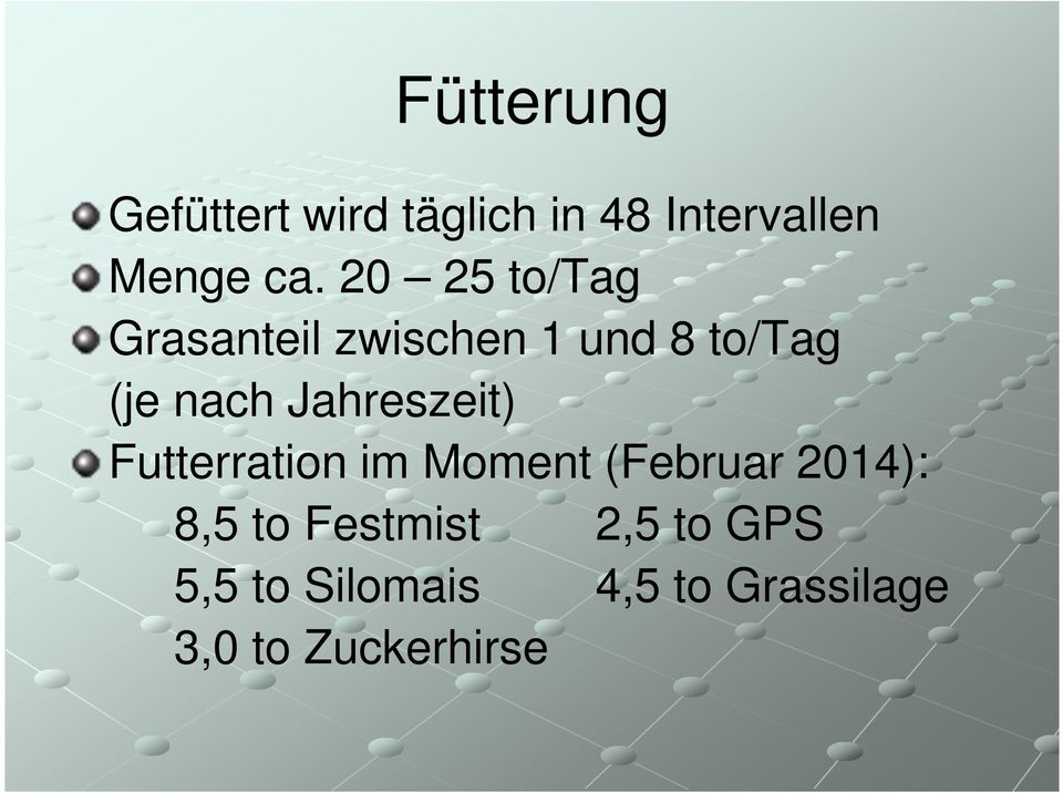 Jahreszeit) Futterration im Moment (Februar 2014): 8,5 to