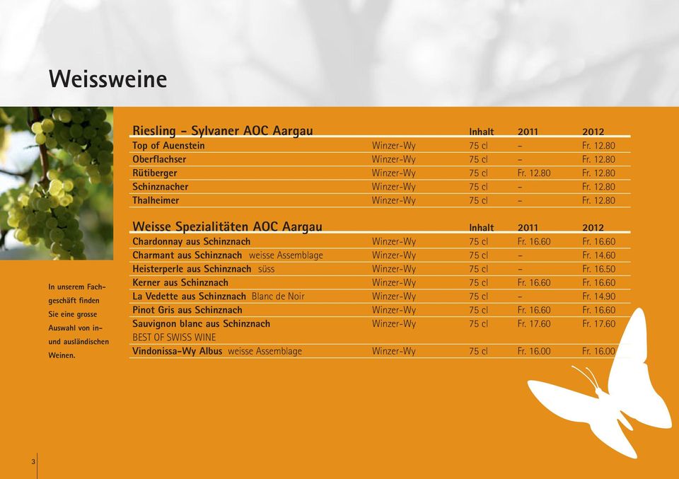 Weisse Spezialitäten AOC Aargau Inhalt 2011 2012 Chardonnay aus Schinznach Winzer-Wy 75 cl Fr. 16.60 Fr. 16.60 Charmant aus Schinznach weisse Assemblage Winzer-Wy 75 cl Fr. 14.
