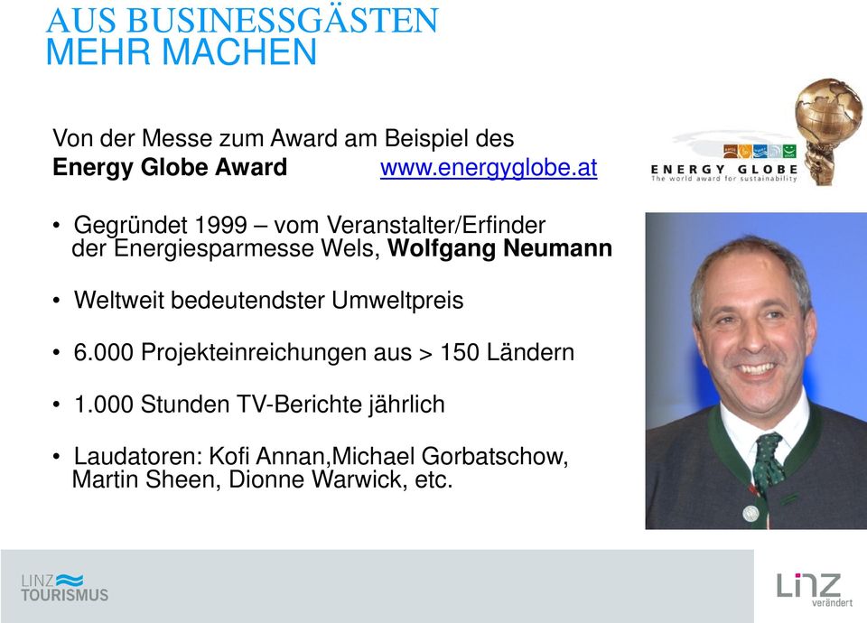 at Gegründet 1999 vom Veranstalter/Erfinder der Energiesparmesse Wels, Wolfgang Neumann Weltweit