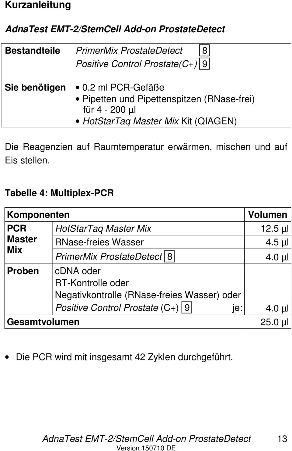 und auf Eis stellen. Tabelle 4: Multiplex-PCR Komponenten PCR Master Mix Proben Volumen HotStarTaq Master Mix 12.5 µl RNase-freies Wasser 4.