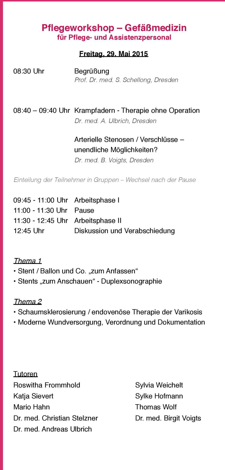 Voigts, Dresden Einteilung der Teilnehmer in Gruppen Wechsel nach der Pause 09:45-11:00 Uhr Arbeitsphase I 11:00-11:30 Uhr Pause 11:30-12:45 Uhr Arbeitsphase II 12:45 Uhr Diskussion und