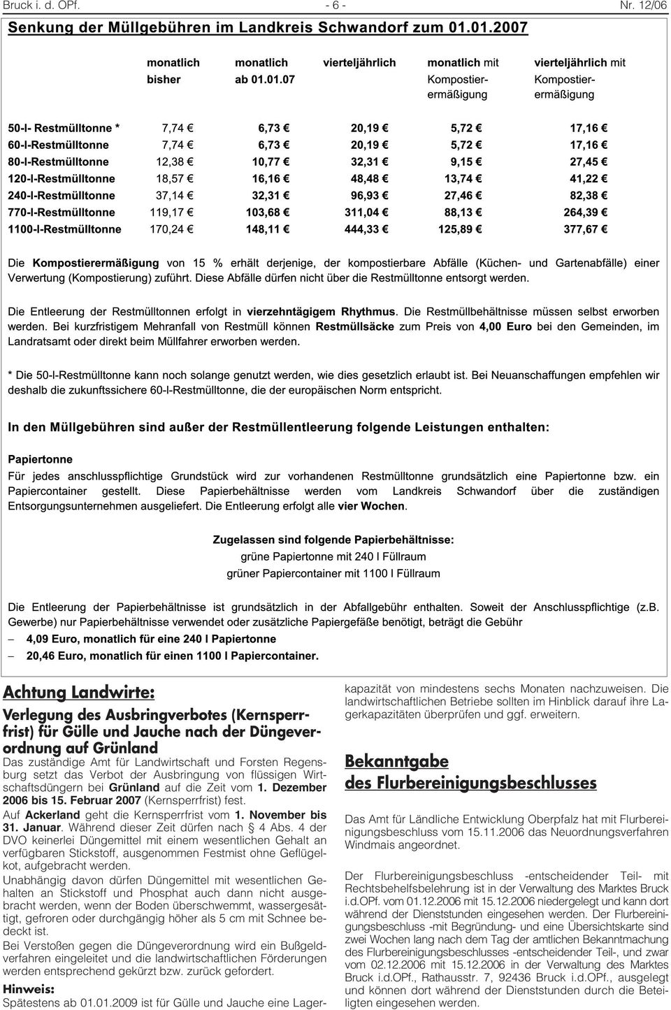 das Verbot der Ausbringung von flüssigen Wirtschaftsdüngern bei Grünland auf die Zeit vom 1. Dezember 2006 bis 15. Februar 2007 (Kernsperrfrist) fest. Auf Ackerland geht die Kernsperrfrist vom 1.