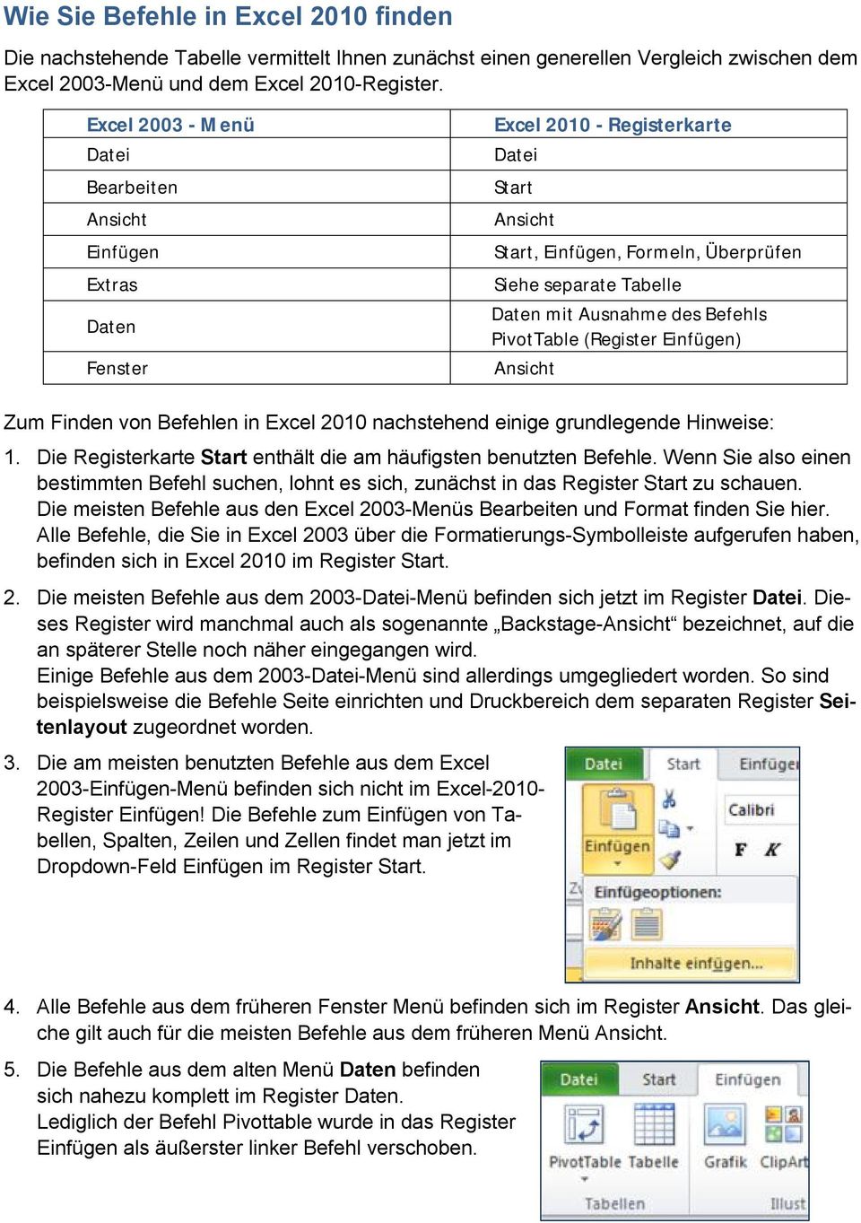 des Befehls PivotTable (Register Einfügen) Ansicht Zum Finden von Befehlen in Excel 2010 nachstehend einige grundlegende Hinweise: 1.