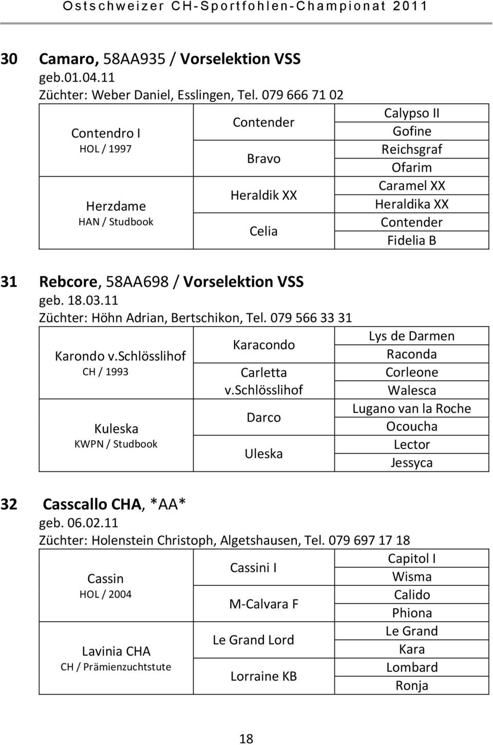 Vorselektion VSS geb. 18.03.11 Züchter: Höhn Adrian, Bertschikon, Tel. 079 566 33 31 Karondo v.schlösslihof CH / 1993 Kuleska KWPN / Studbook Karacondo Carletta v.