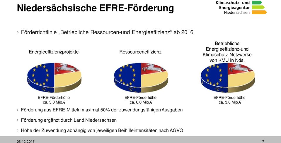 EFRE-Förderhöhe ca. 6,0 Mio. Förderung aus EFRE-Mitteln maximal 50% der zuwendungsfähigen Ausgaben EFRE-Förderhöhe ca. 3,0 Mio.