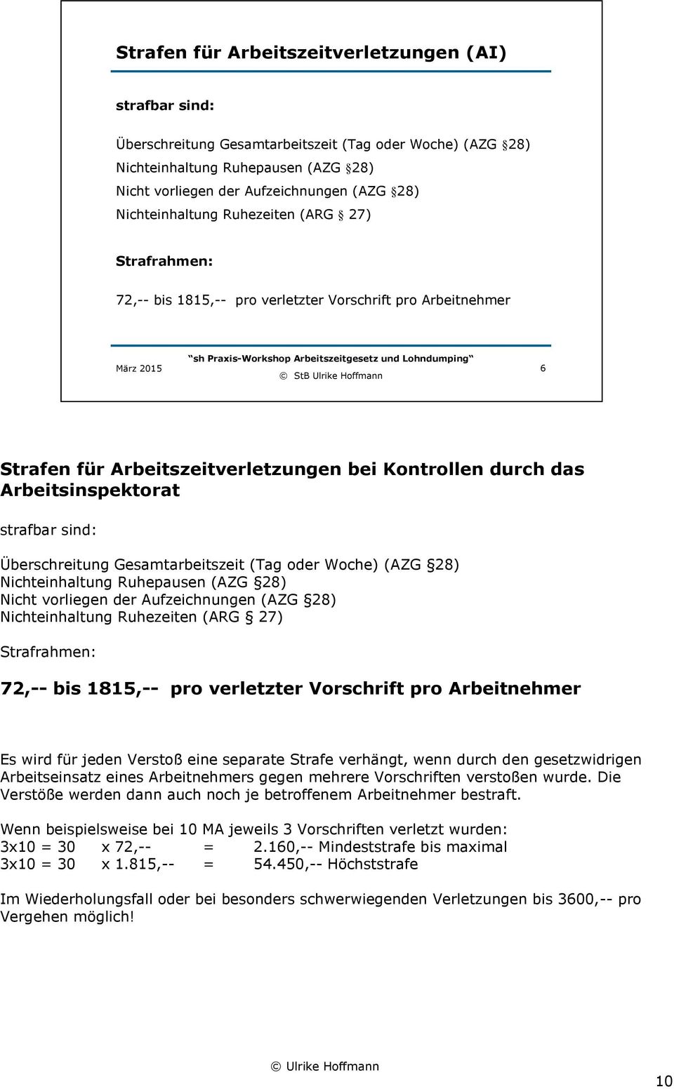 strafbar sind: Überschreitung Gesamtarbeitszeit (Tag oder Woche) (AZG 28) Nichteinhaltung Ruhepausen (AZG 28) Nicht vorliegen der Aufzeichnungen (AZG 28) Nichteinhaltung Ruhezeiten (ARG 27)