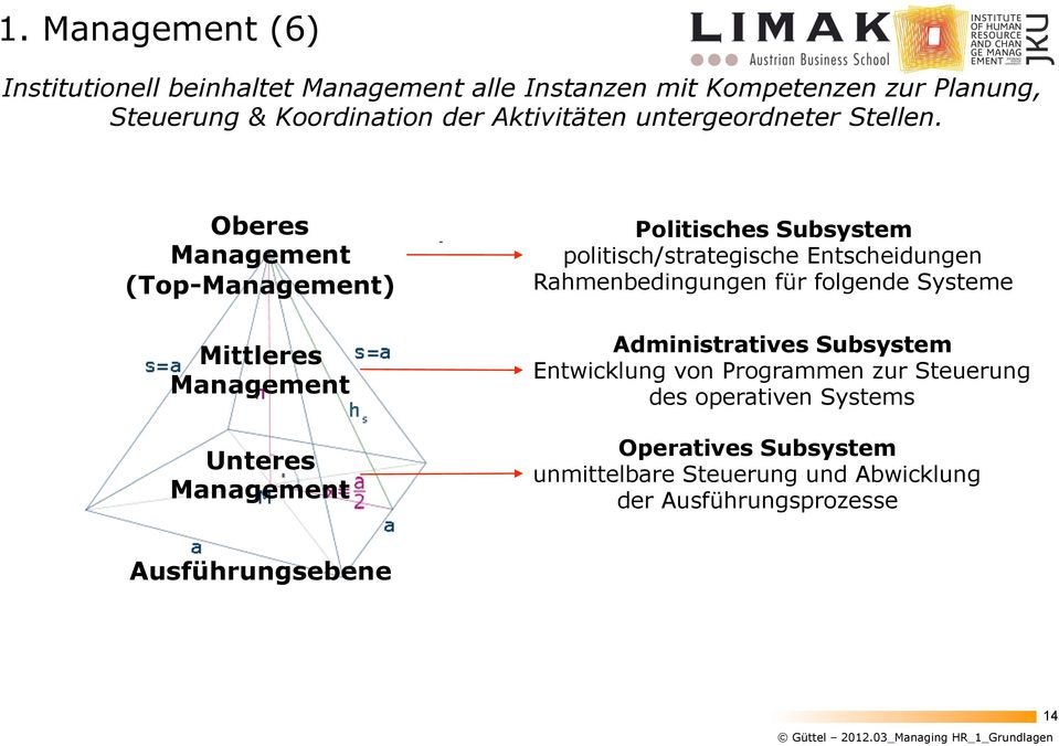 Oberes Management (Top-Management) Mittleres Management Unteres Management Politisches Subsystem politisch/strategische