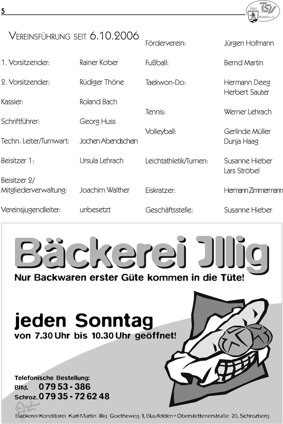 Leiter/Turnwart: Jochen Abendschein Förderverein: Fußball: Taekwon-Do: Tennis: Volleyball: Jürgen Hofmann Bernd Martin Hermann Deeg Herbert