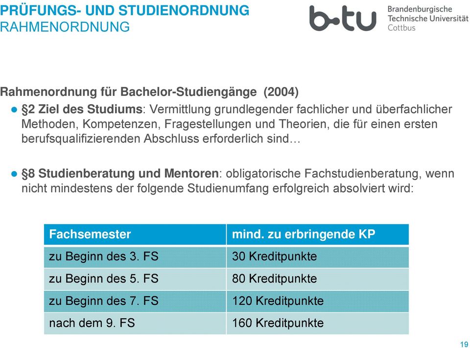 Studienberatung und Mentoren: obligatorische Fachstudienberatung, wenn nicht mindestens der folgende Studienumfang erfolgreich absolviert wird: