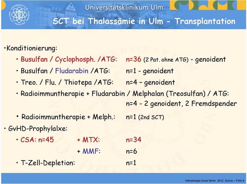 ohne ATG) - genoident n=1 - genoident n=4 genoident Radioimmuntherapie + Fludarabin / Melphalan (Treosulfan) / ATG: