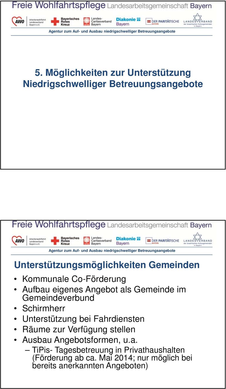 Unterstützung bei Fahrdiensten Räume zur Verfügung stellen Ausbau Angebotsformen, u.a. TiPis- Tagesbetreuung in Privathaushalten (Förderung ab ca.