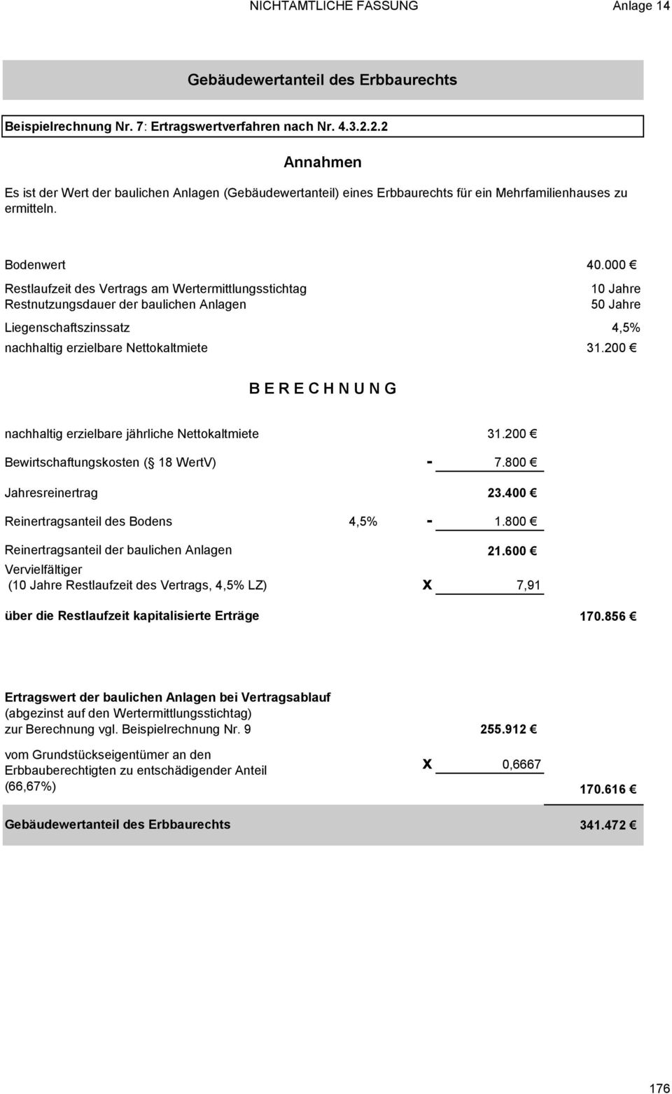 000 Restlaufzeit des Vertrags am Wertermittlungsstichtag 10 Jahre Restnutzungsdauer der baulichen Anlagen 50 Jahre Liegenschaftszinssatz 4,5% nachhaltig erzielbare Nettokaltmiete 31.