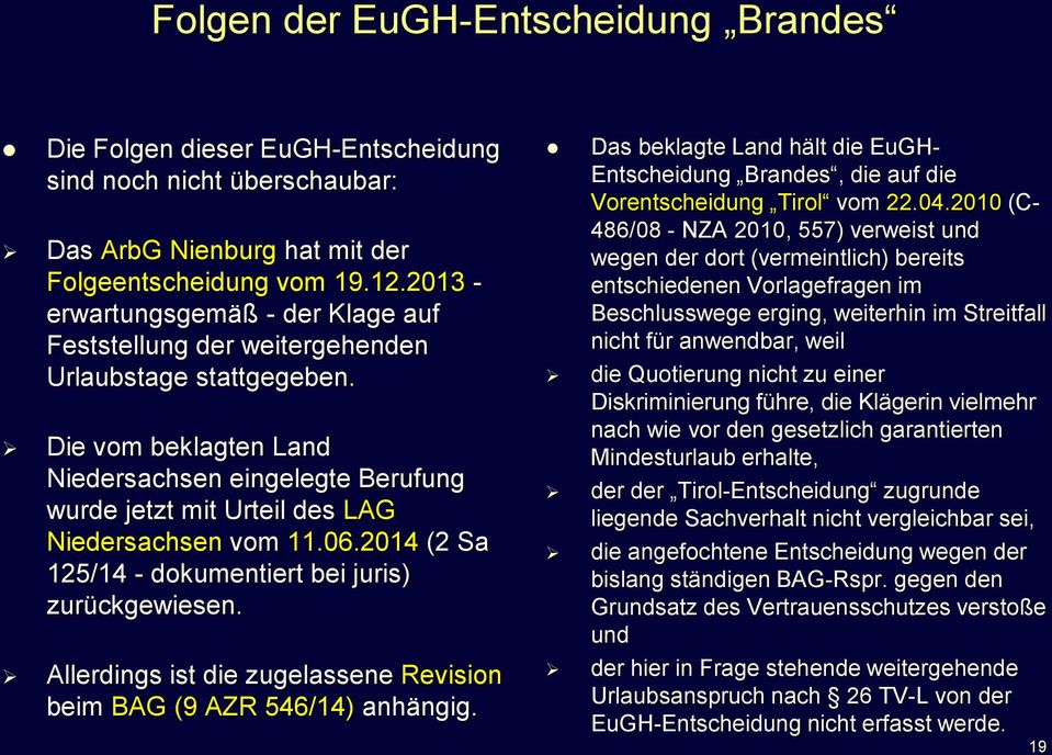 Die vom beklagten Land Niedersachsen eingelegte Berufung wurde jetzt mit Urteil des LAG Niedersachsen vom 11.06.2014 (2 Sa 125/14 - dokumentiert bei juris) zurückgewiesen.