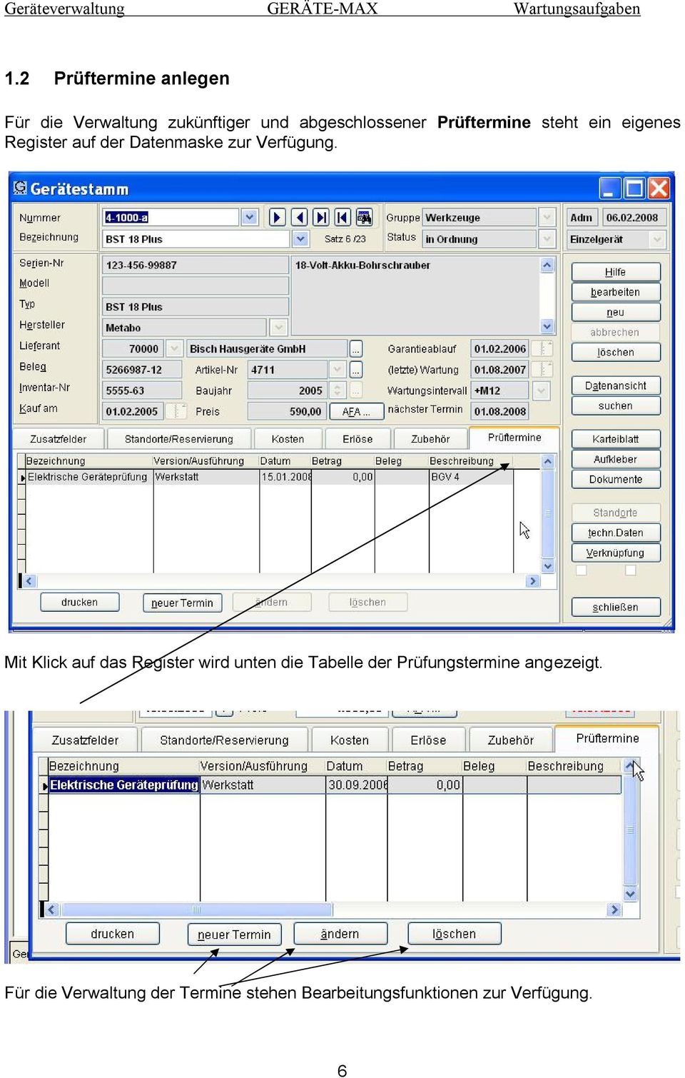 Mit Klick auf das Register wird unten die Tabelle der Prüfungstermine