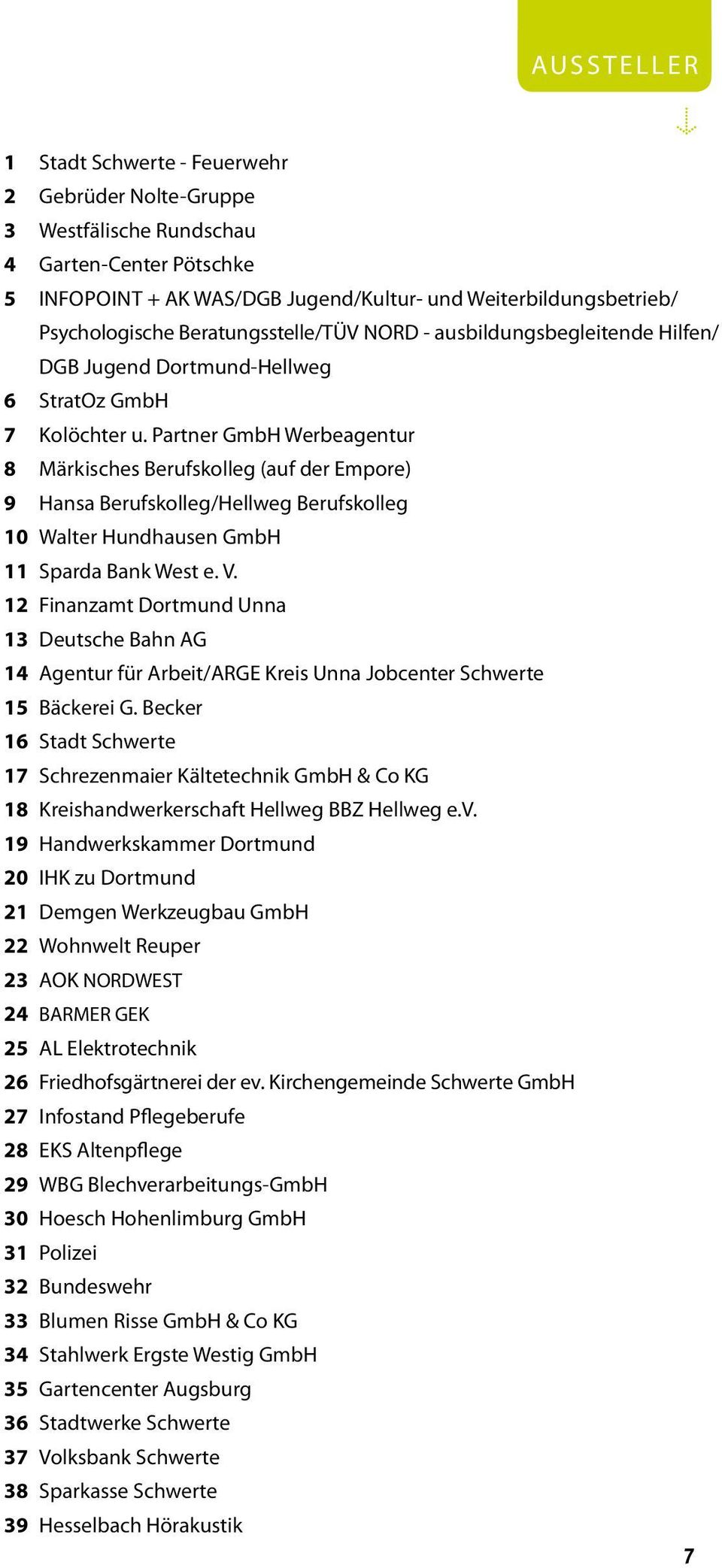 Partner GmbH Werbeagentur 8 Märkisches Berufskolleg (auf der Empore) 9 Hansa Berufskolleg/Hellweg Berufskolleg 10 Walter Hundhausen GmbH 11 Sparda Bank West e. V.
