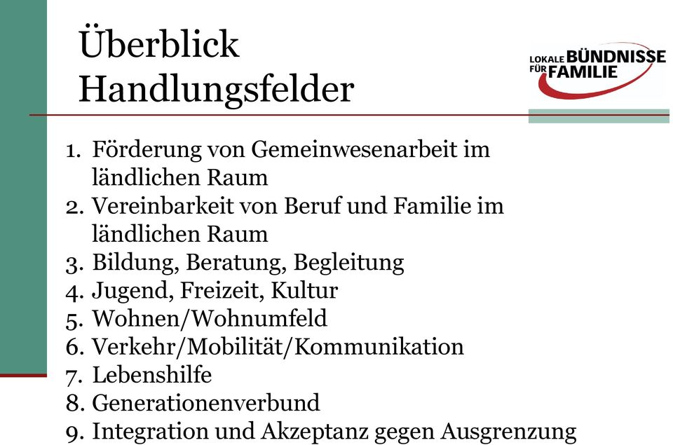 Bildung, Beratung, Begleitung 4. Jugend, Freizeit, Kultur 5. Wohnen/Wohnumfeld 6.