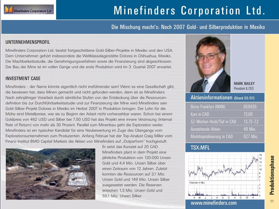 Der Bau der Mine ist im vollen Gange und die erste Produktion wird im 3. Quartal 2007 erwartet. Minefinders - der Name könnte eigentlich nicht irreführender sein!