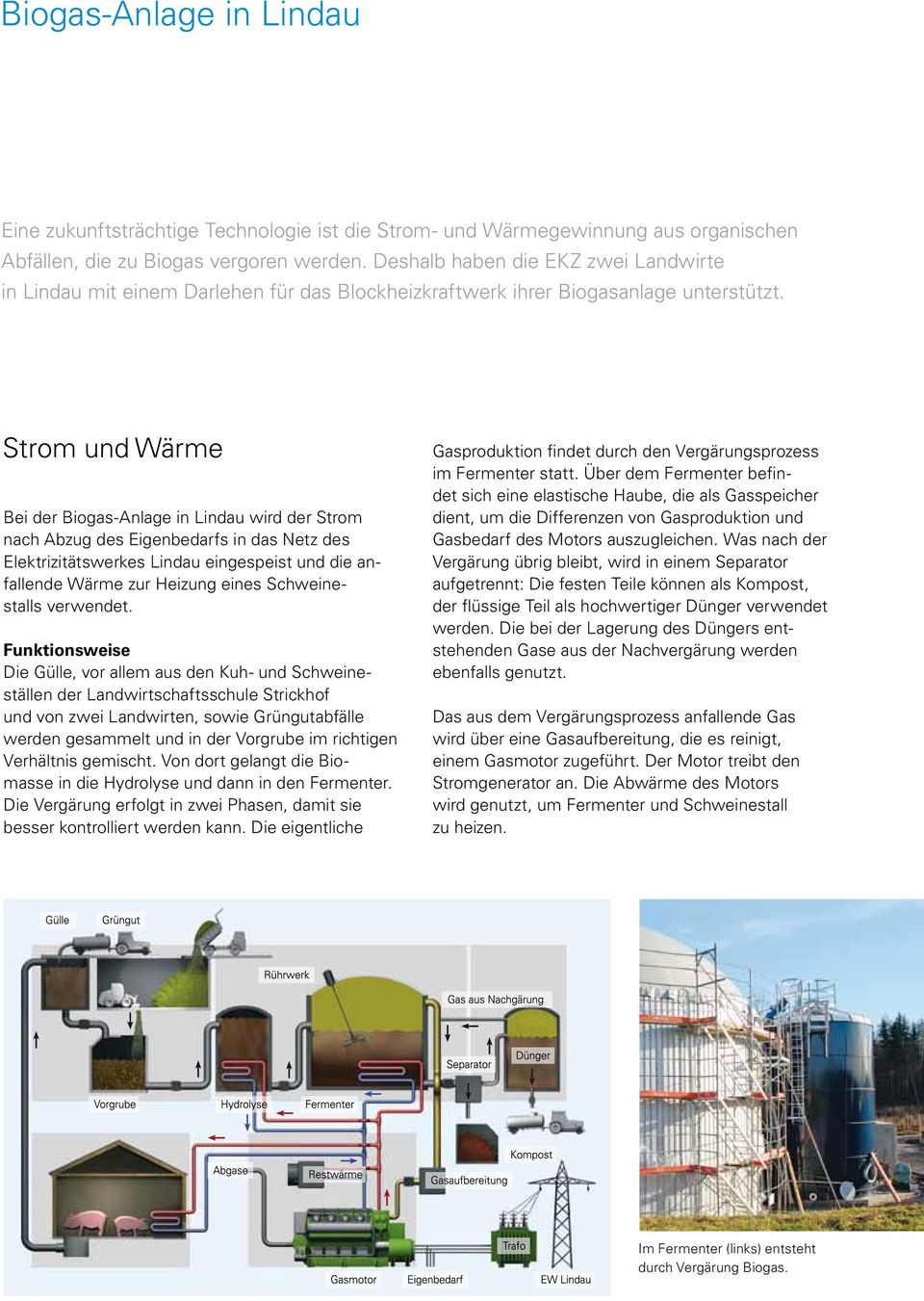 Strom und Wärme Bei der Biogas-Anlage in Lindau wird der Strom nach Abzug des Eigenbedarfs in das Netz des Elektrizitätswerkes Lindau eingespeist und die anfallende Wär me zur Heizung eines