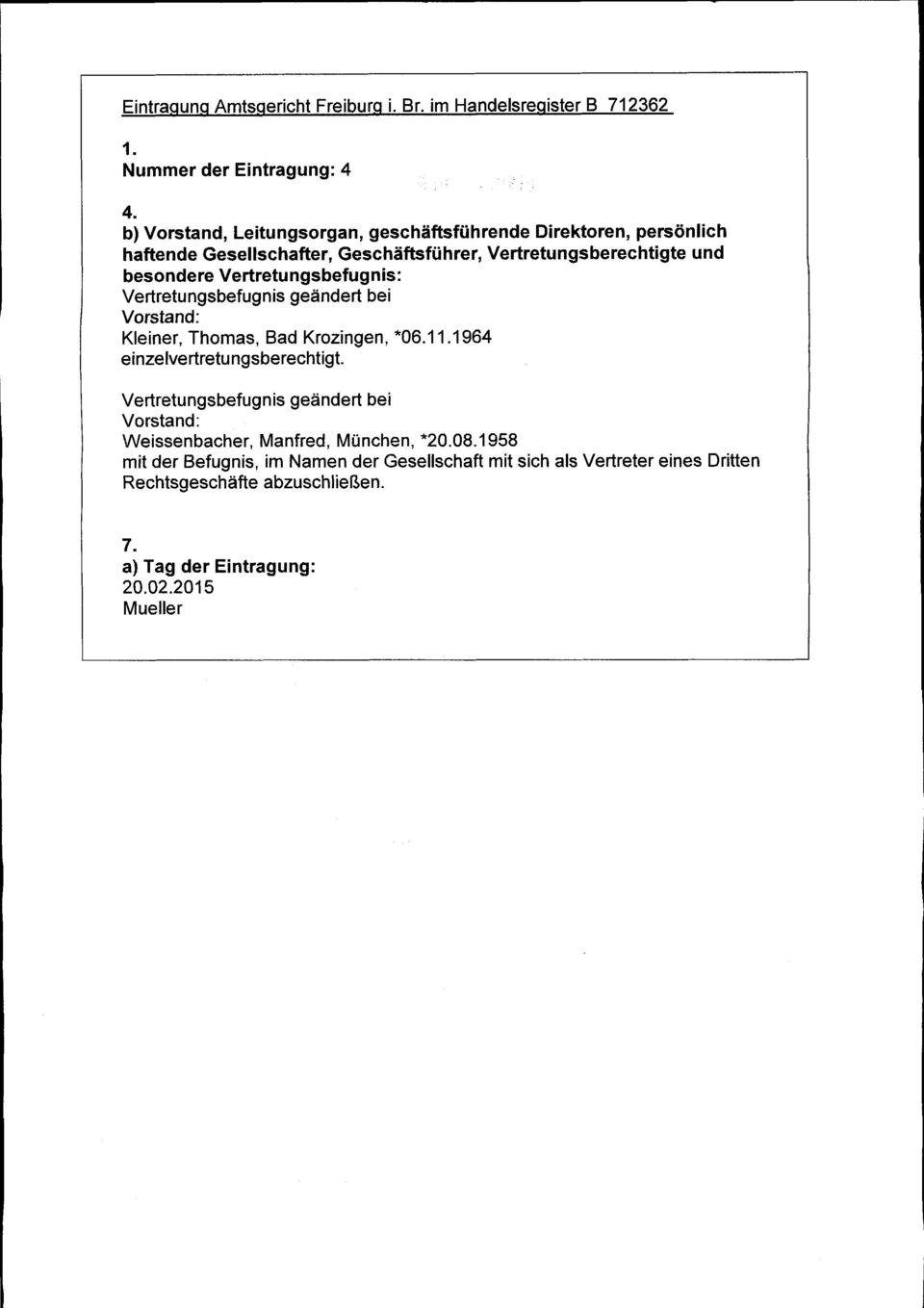Vertretungsberechtigte und besondere Vertretungsbefugnis: Vertretungsbefugnis geändert bei Vorstand: Kleiner, Thomas, Bad Krozingen, *06.