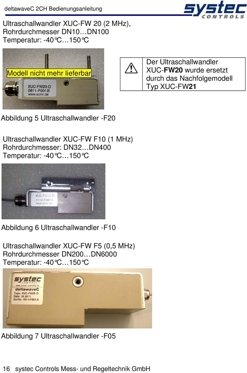 Ultraschallwandler XUC-FW F10 (1 MHz) Rohrdurchmesser: DN32 DN400 Temperatur: -40 C 150 C Abbildung 6 Ultraschallwandler -F10