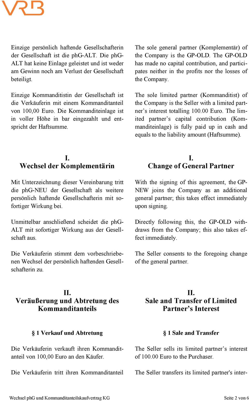 The sole general partner (Komplementär) of the Company is the GP-OLD. The GP-OLD has made no capital contribution, and participates neither in the profits nor the losses of the Company.