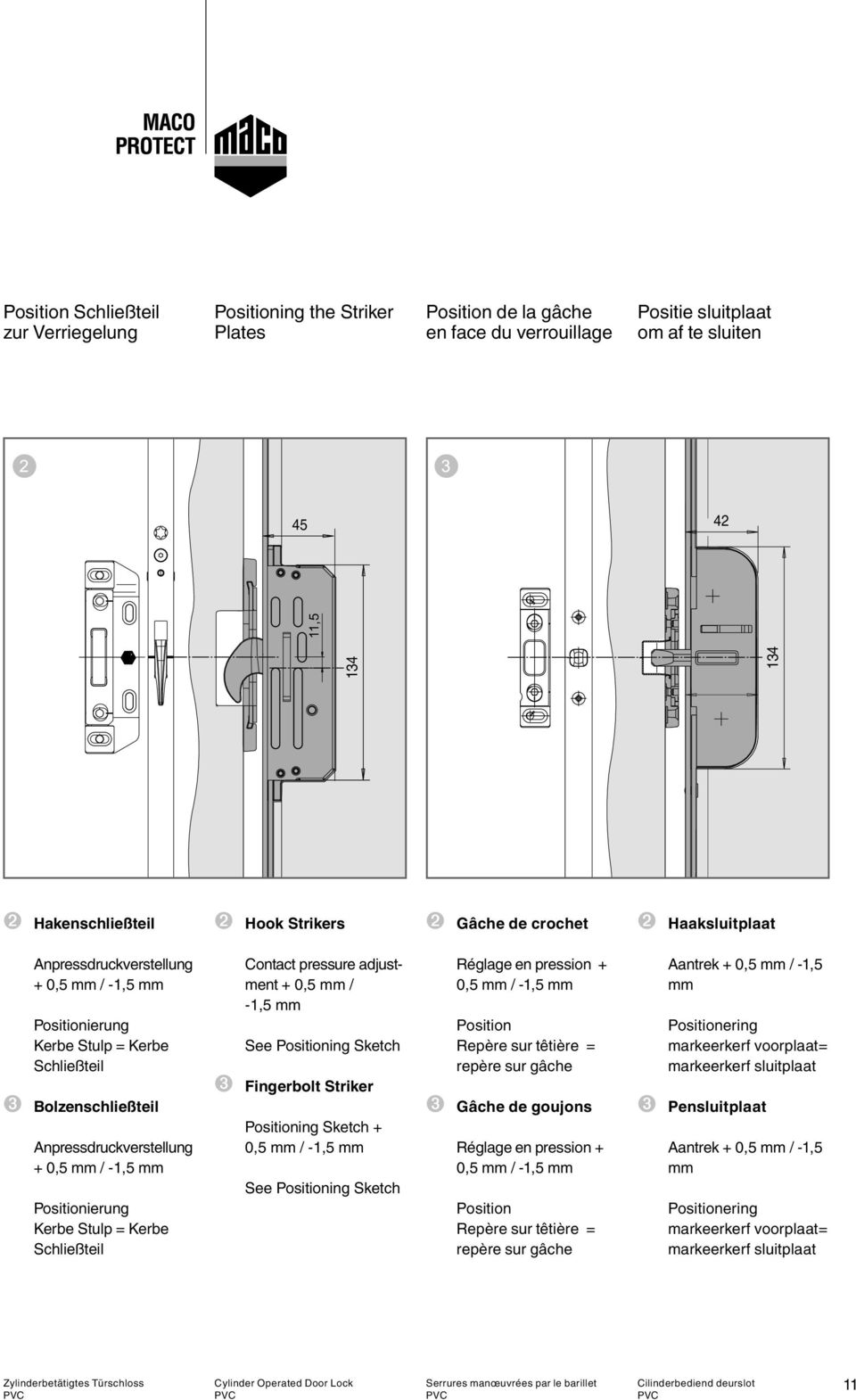 Kerbe Schließteil Contact pressure adjustment + 0,5 mm / -1,5 mm See Positioning Sketch Fingerbolt Striker Positioning Sketch + 0,5 mm / -1,5 mm See Positioning Sketch Réglage en pression + 0,5 mm /