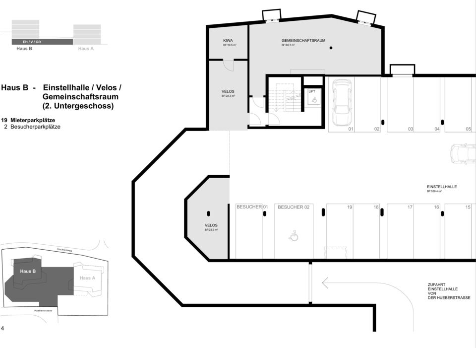 3 m 2 19 Mieterparkplätze 2 Besucherparkplätze 01 02 03 04 05 EINSTELLHALLE