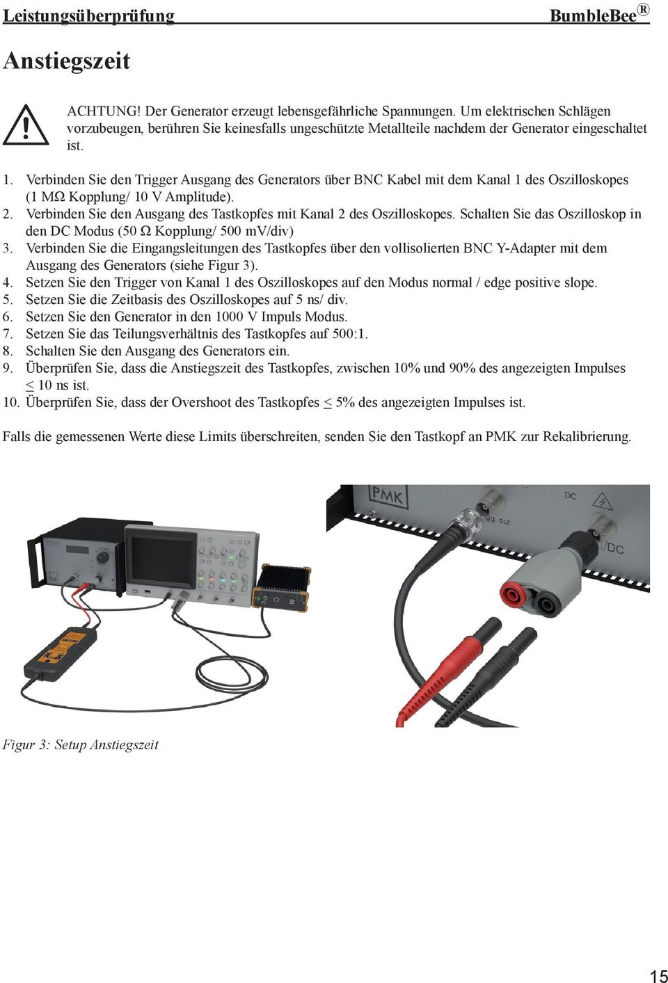 Verbinden Sie den Trigger Ausgang des Generators über BNC Kabel mit dem Kanal 1 des Oszilloskopes (1 MΩ Kopplung/ 10 V Amplitude). 2.