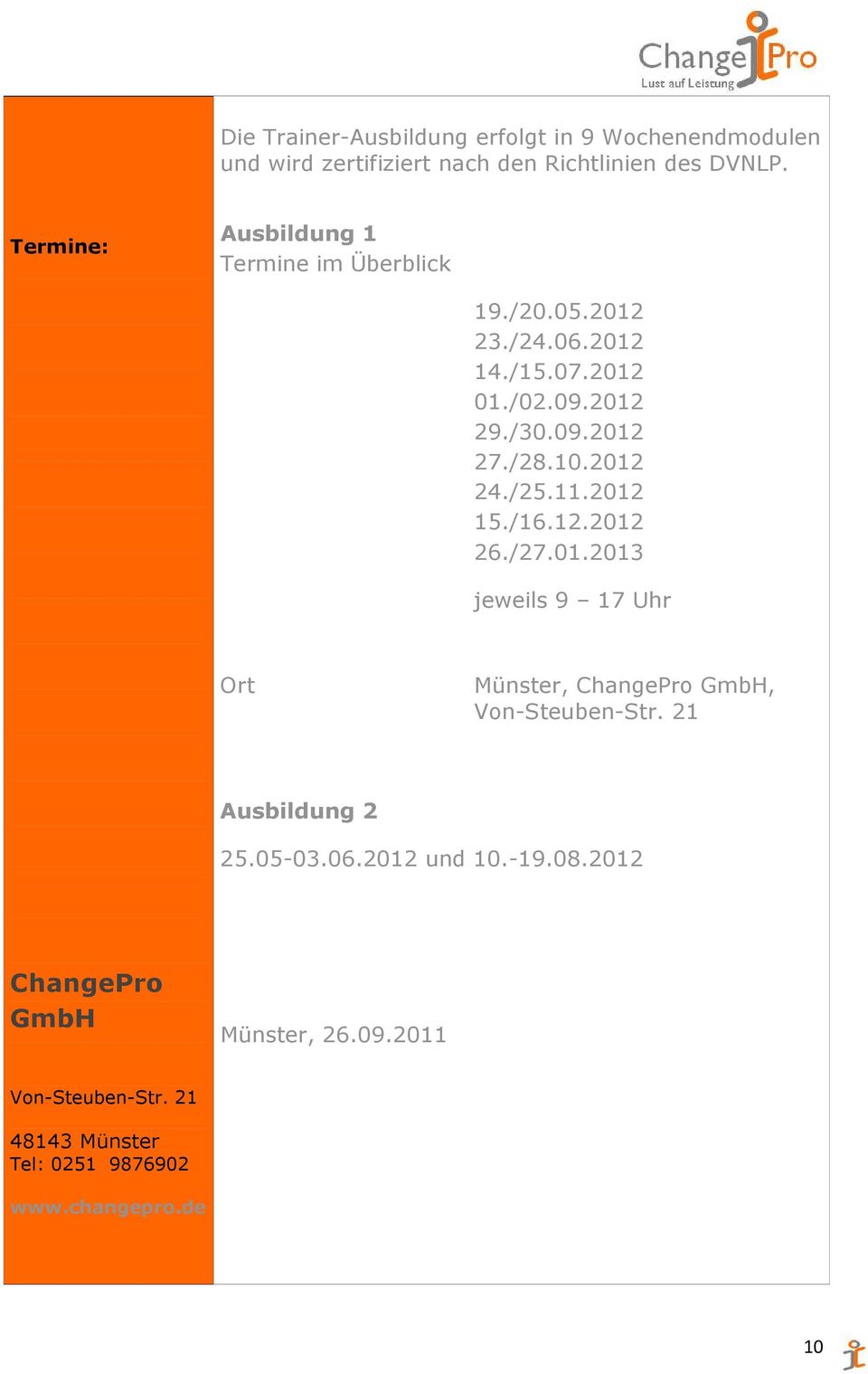 10.2012 24./25.11.2012 15./16.12.2012 26./27.01.2013 jeweils 9 17 Uhr Ort Münster, ChangePro GmbH, Von-Steuben-Str.