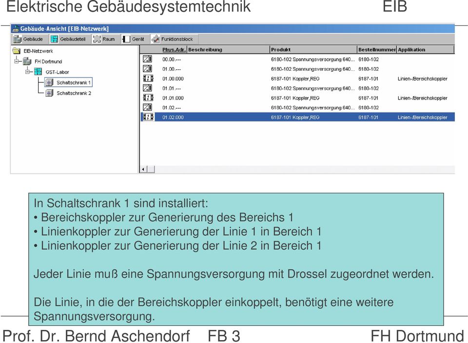 Linie 2 in Bereich 1 Jeder Linie muß eine Spannungsversorgung mit Drossel zugeordnet