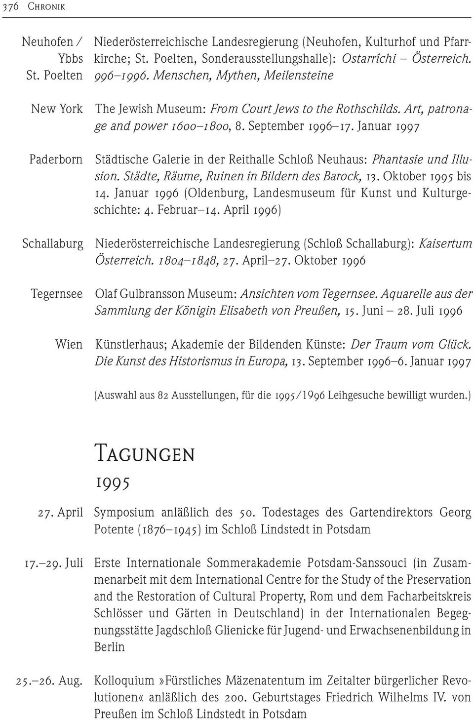 Januar 1997 Städtische Galerie in der Reithalle Schloß Neuhaus: Phantasie und Illusion. Städte, Räume, Ruinen in Bildern des Barock, 13. Oktober 1995 bis 14.