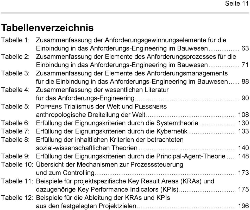 .. 71 Tabelle 3: Zusammenfassung der Elemente des Anforderungsmanagements für die Einbindung in das Anforderungs-Engineering im Bauwesen.